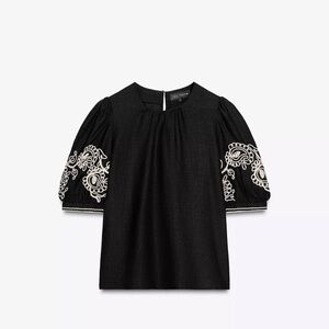 Zara ZW Collection Black Puff-Sleeve Top with White Embroidery